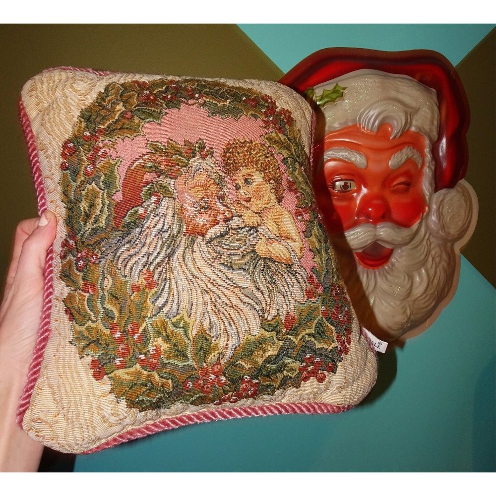 Vintage Riverdale Cross Stitch Santa & Child Throw Pillow Christmas decor holly